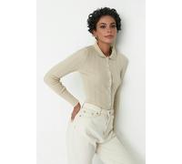 WOVCOR Mercerized Look Ribbed Polo Neck Knit Cardigan - Stone - L