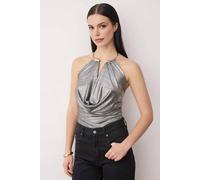 Wovcor Metallic V-Neck Knit Halterneck Party Blouse With Accessory Detail In Metallic Silver Metallic Silver 10