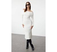 Wovcor Midi Knit Carmen Collar Midi Dress In White White