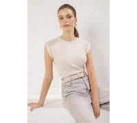 Wovcor Minimal Fitted Cap Sleeve Crew Neck Everyday Top In Stone Stone