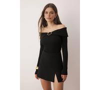 Wovcor Off-Shoulder Rib Knit Jumper With Gold Ring Detail In Black Black S