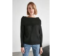 Wovcor Off Shoulder Ribbed Knit Jumper With Folded Neck Detail In Black Black