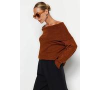 Wovcor Off Shoulder Ribbed Knit Jumper With Folded Neck Detail In Brown Brown