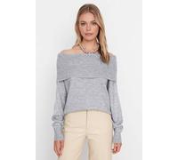 Wovcor Off Shoulder Ribbed Knit Jumper With Folded Neck Detail In Grey Grey