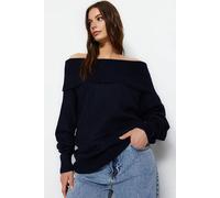 Wovcor Off Shoulder Ribbed Knit Jumper With Folded Neck Detail In Navy Navy