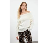 Wovcor Off Shoulder Ribbed Knit Jumper With Folded Neck Detail In White White