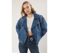 Wovcor Oversized Denim Biker Style Jacket With Wide Lapel In Blue Blue