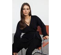 Wovcor Oversized Tie Waist Knit Top & Wide Leg Pants Two Piece Set In Black Black