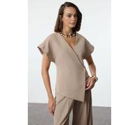 Wovcor Oversized Wrap Front Short Sleeve Woven Tailored Vest In Taupe Taupe