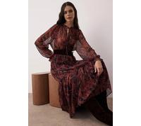 Wovcor Paisley Print Belted Tiered Long Sleeve Sheer Maxi Dress Multi