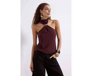 Wovcor Paisley Ring Detail Halterneck Blouse Top In Plum Plum