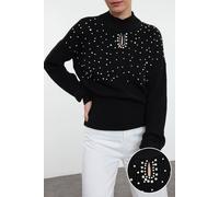 Wovcor Pearl Embellished High Neck Knitted Sweater In Black Black S/M
