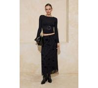 WOVCOR Pencil Maxi Tulle Flexible Knit Skirt with Flock Print - Black - S