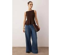 Wovcor Peplum Boat Neck Stretch Knit Blouse In Brown Brown S