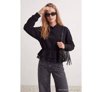 Wovcor Peplum Lace Detail Hooded Long Sleeve Knit Sweatshirt In Black Black