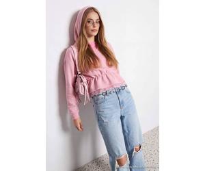 Wovcor Peplum Lace Detail Hooded Long Sleeve Knit Sweatshirt In Dusty Pink Dusty Pink