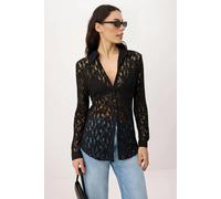 WOVCOR Plain Fitted Shirt Collar Long Sleeve Lace Knit Shirt - Black - M