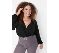 Wovcor Plain Wrap Front Long Sleeve V Neck Knitted Blouse In Black Black