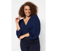Wovcor Plain Wrap Front Long Sleeve V Neck Knitted Blouse In Navy Navy