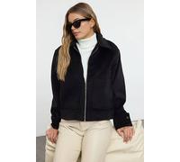 Wovcor Plain Zip Through Collared Wool Look Casual Jacket In Black Black