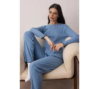 Wovcor Pointelle Knit Round Neck Long Sleeve Cotton Ribbed Pyjama Set In Blue Blue L