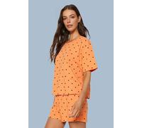 Wovcor Polka Dot And Heart Print Short Pyjama Set In Orange Orange