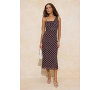 Wovcor Polka Dot Cowl Neck Strappy Fitted Midi Dress With Drape In Brown Brown