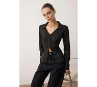 WOVCOR Polo Collar Hooked Fitted Knit Blouse - Black Stripe - L