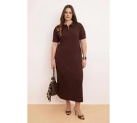 WOVCOR Polo Collar Slit Regular Fit Midi Stretch Knit Plus Size Dress - Brown - XL