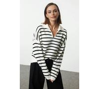 WOVCOR Polo Collar Striped Knit Sweater - Ecru - L