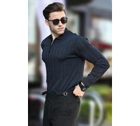 WOVCOR Polo Collar Zippered Knit Men's Sweater - Navy - S