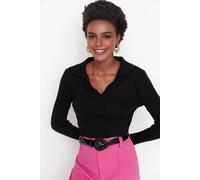 Wovcor Polo Neck Knit Sweater With Finger Detail In Black Black XL