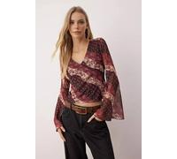 Wovcor Printed V Neck Tulle Stretch Knit Blouse With Flared Sleeve Detail Multi