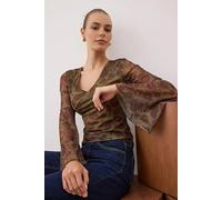 Wovcor Printed V Neck Tulle Stretch Knit Blouse With Spanish Sleeve Detail Multi M