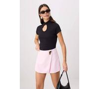 Wovcor Regular Fit Keyhole Neck Short Sleeve Cotton Knit Blouse In Black Black