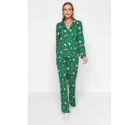 Wovcor Reindeer Print Long Sleeve Top & Wide Leg Lounge Pyjama Set In Green Green