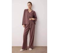 Wovcor Revere Collar Long Sleeve Cotton Flannel Woven Wide Leg Pyjama Set In Burgundy Burgundy