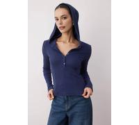 Wovcor Ribbed Button Front Hooded Stretch Knit Blouse In Navy Navy L