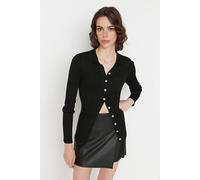Wovcor Ribbed Collared Button-Up Knit Cardigan In Black Black L