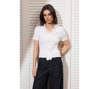 Wovcor Ribbed Frill Detail Short Sleeve Fitted V-Neck Top In Ecru Ecru