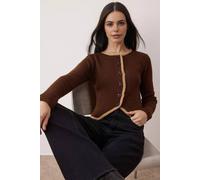 Wovcor Ribbed Knit Cardigan With Contrast Trim And Hook Closure In Brown Brown S