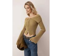 Wovcor Ribbed Knit Cardigan With Fold Collar And Zip Front In Light Khaki Light Khaki
