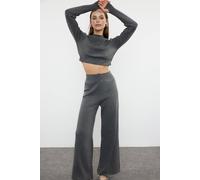 Wovcor Ribbed Knit Top & Wide Leg Pants Two Piece Set In Dark Grey Dark Grey M