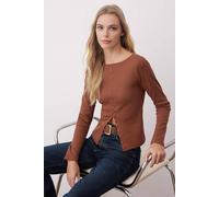 Wovcor Ribbed Long Sleeve Button Front Knit Jumper With Asymmetric Hem In Brown Brown S
