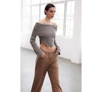 Wovcor Ribbed Off Shoulder Fitted Knit Sweater With Long Sleeves In Taupe Taupe M
