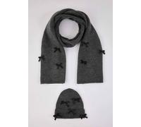 Wovcor Ribbon Bow Detail Knit Scarf And Beanie Set In Dark Grey Dark Grey