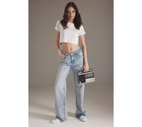 Wovcor Ribbon Detail Stoned Regular Waist Wide Leg Jeans In Blue Blue