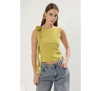 WOVCOR Rose Accessory Detail Ruffled Stretch Regular Knit Blouse - Olive Green - XS