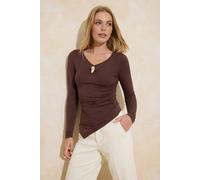 Wovcor Ruched Hardware Detail V-Neck Long Sleeve Top In Brown Brown