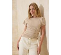 Wovcor Ruched Waist Boat Neck Cap Sleeve Top In Stone Stone